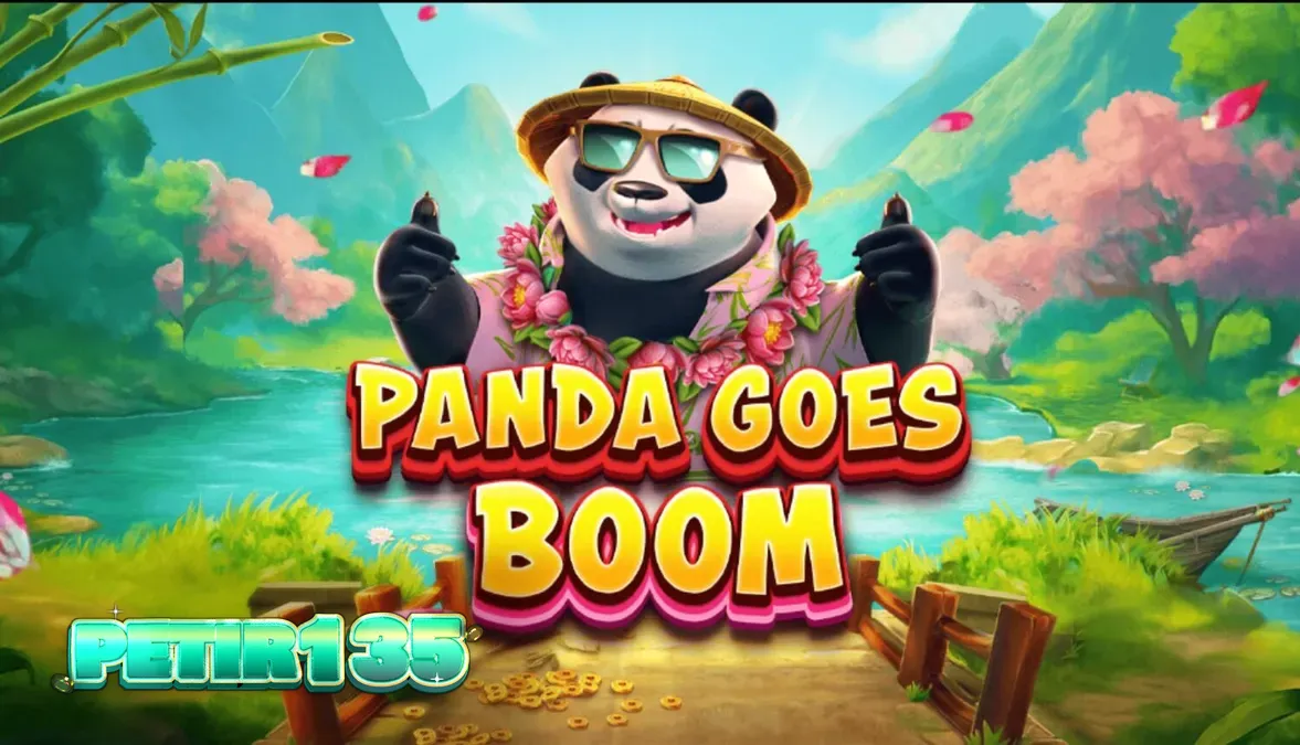 Panda santai di latar belakang tropis dalam game slot Panda Goes Boom